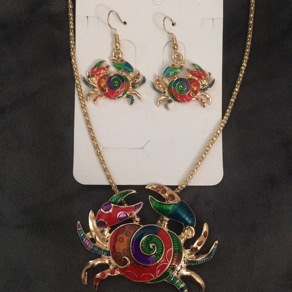 Multicolored Crab Necklace and Earrings Set